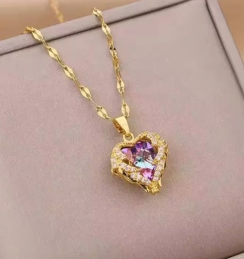 Collar Corazón Cristal Morado — Baño de Oro 18K Acero Inoxidable