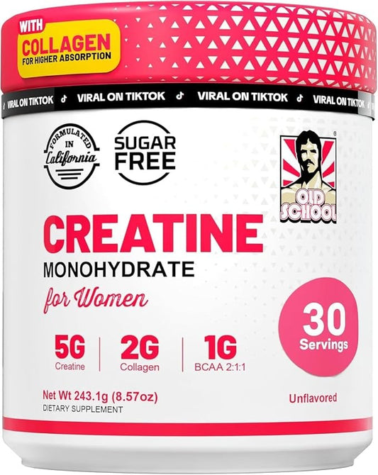 Creatina para Mujer Old School Labs – 5 g Creatina + 2 g Colágeno + 1 g BCAA (30 porciones, sin sabor)