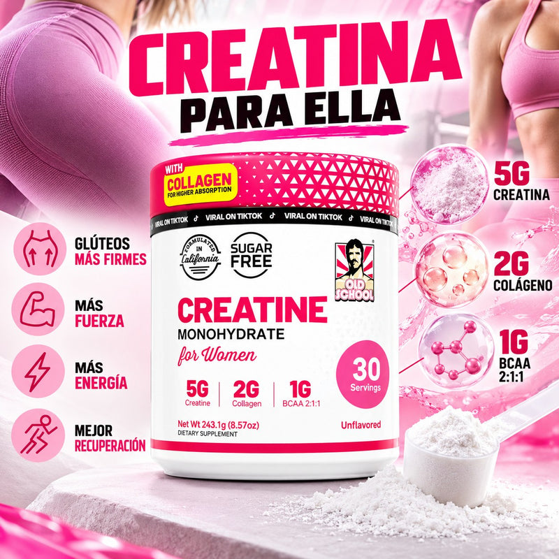 Creatina para Mujer Old School Labs – 5 g Creatina + 2 g Colágeno + 1 g BCAA (30 porciones, sin sabor)