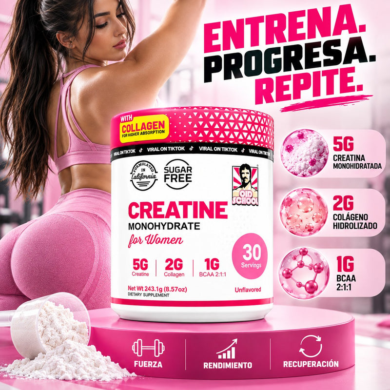 Creatina para Mujer Old School Labs – 5 g Creatina + 2 g Colágeno + 1 g BCAA (30 porciones, sin sabor)