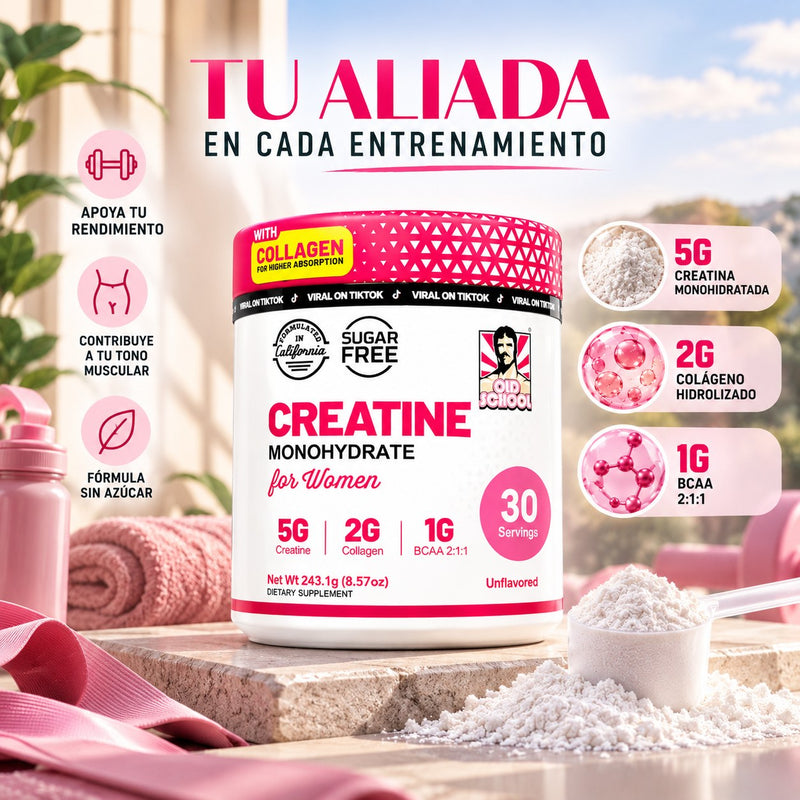 Creatina para Mujer Old School Labs – 5 g Creatina + 2 g Colágeno + 1 g BCAA (30 porciones, sin sabor)